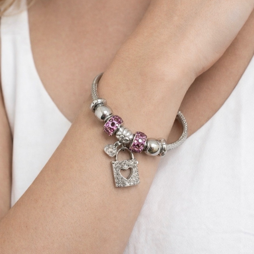 Mint Stainless Steel Heart PadLock Crystals Charm Silvertone Bangle Bracelet NEW - Picture 2 of 7